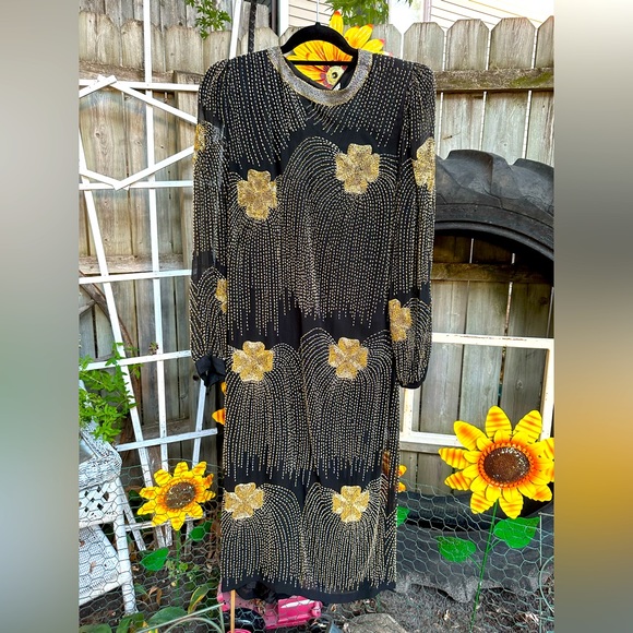 VINTAGE OLEG CASSINI BEADED SILK DRESS 100%SILK Sz. 12